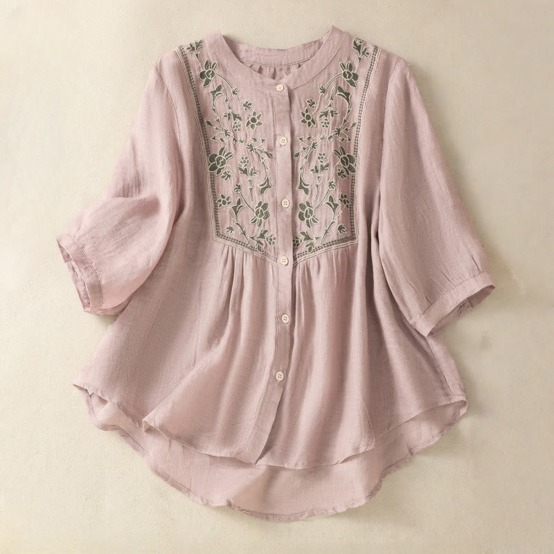 Camicia monopetto da donna in cotone e lino con maniche a tre quarti e ricamo Buddha Stones - RosyBrown - US12, UK/AU16, EU44 (2XL) - image 10