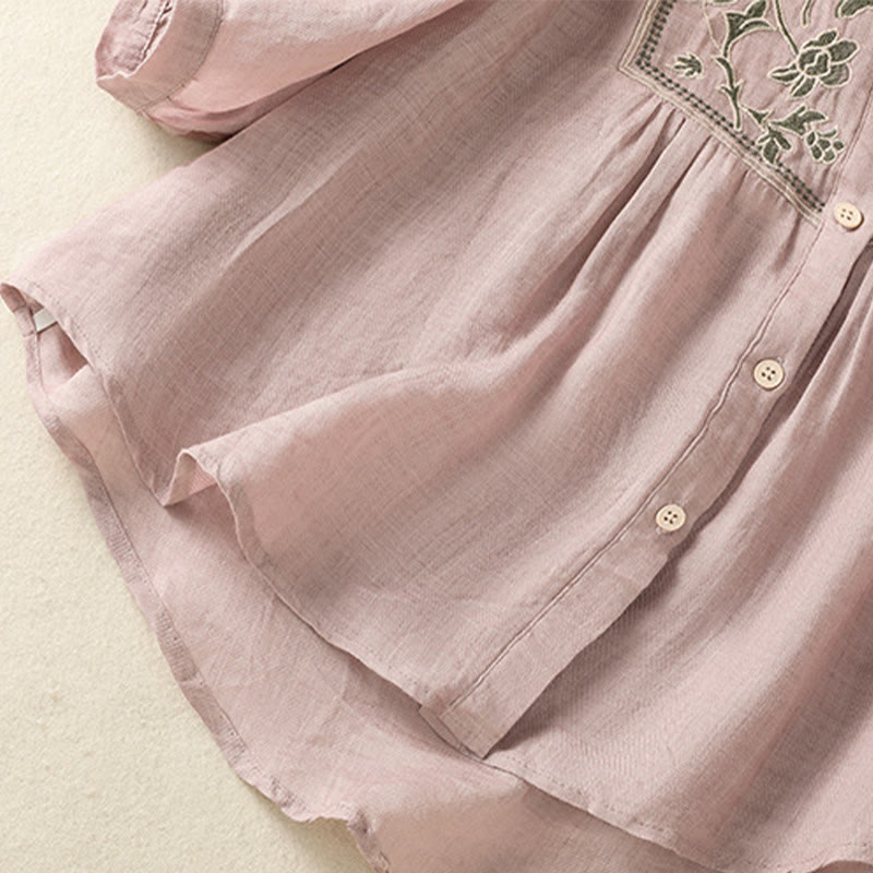 Camicia monopetto da donna in cotone e lino con maniche a tre quarti e ricamo Buddha Stones - image 16