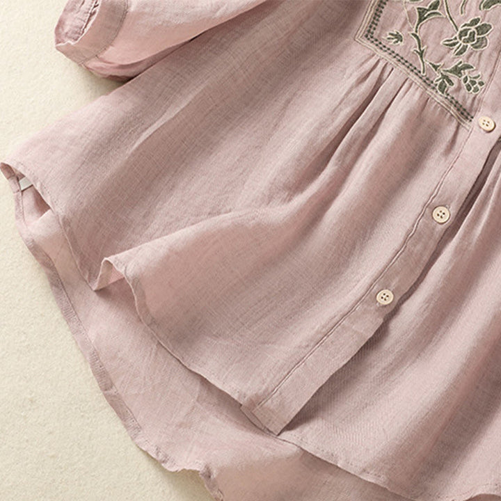 Camicia monopetto da donna in cotone e lino con maniche a tre quarti e ricamo Buddha Stones - image 16