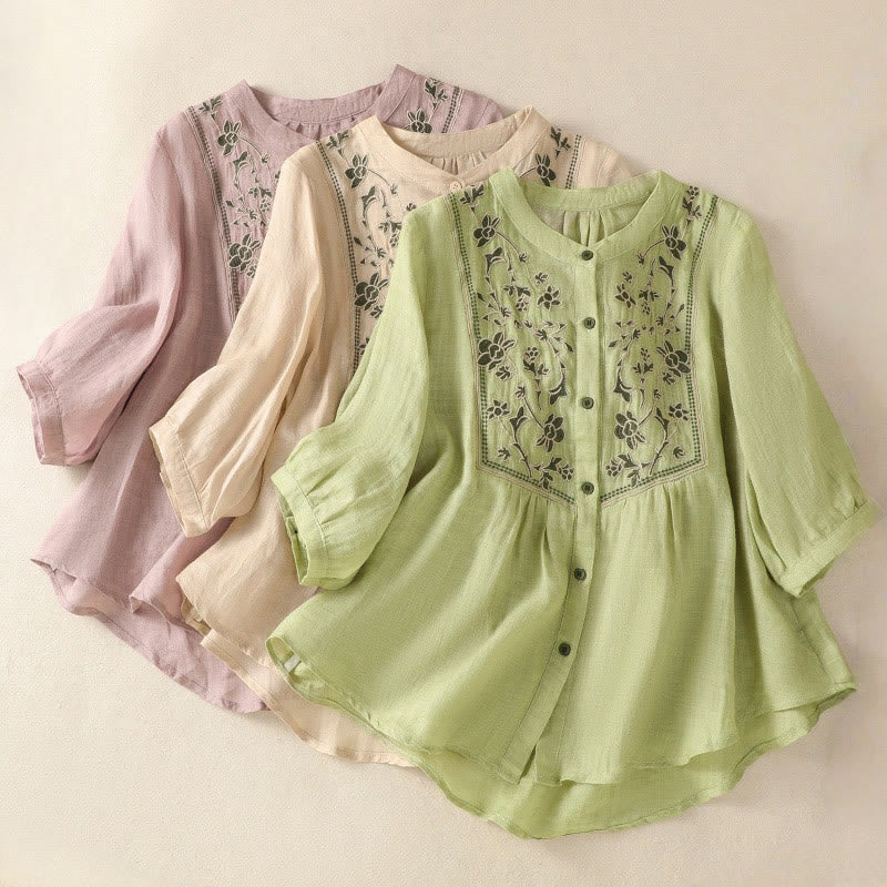 Camicia monopetto da donna in cotone e lino con maniche a tre quarti e ricamo Buddha Stones - image 25