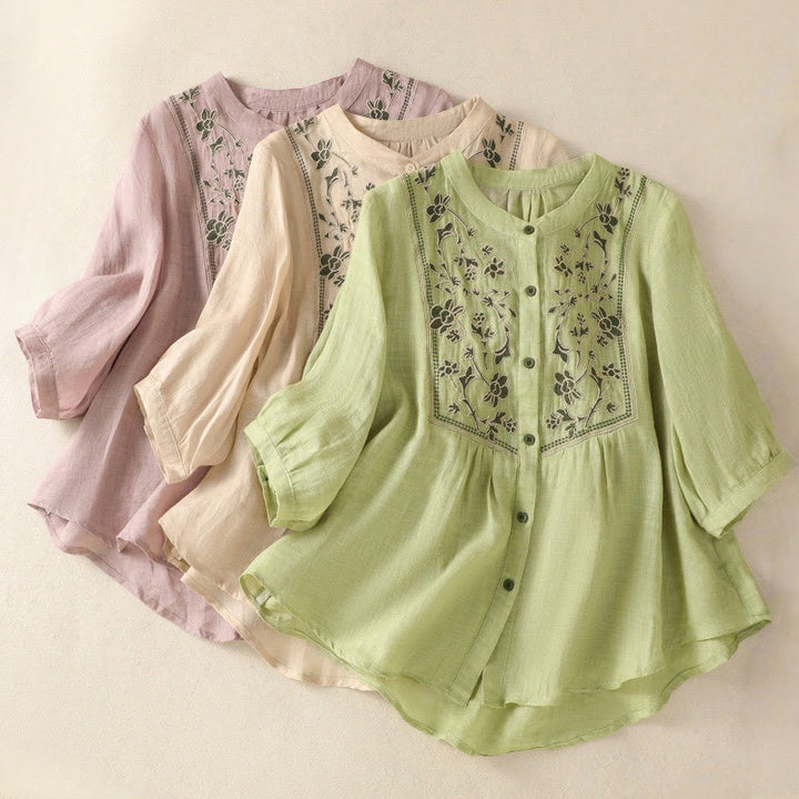 Camicia monopetto da donna in cotone e lino con maniche a tre quarti e ricamo Buddha Stones - image 25