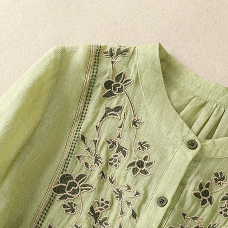 Camicia monopetto da donna in cotone e lino con maniche a tre quarti e ricamo Buddha Stones - image 2