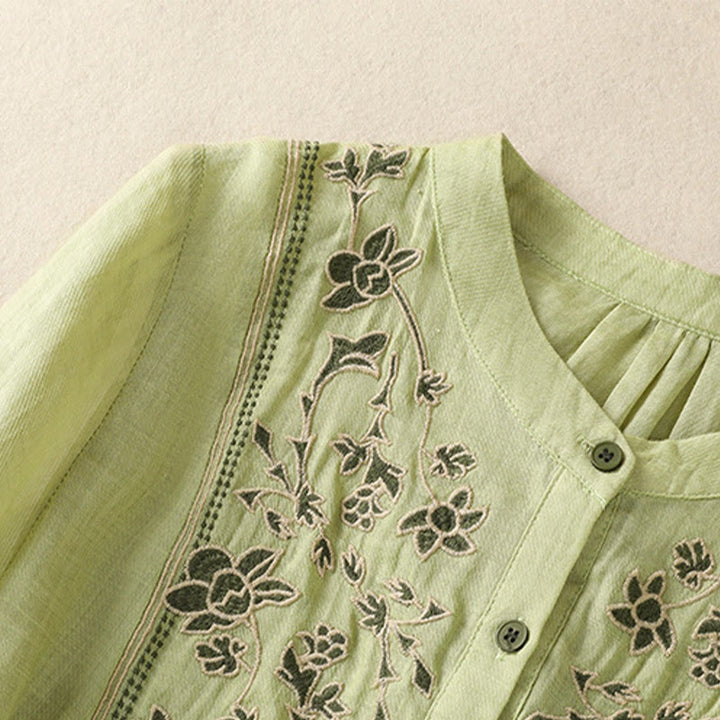 Camicia monopetto da donna in cotone e lino con maniche a tre quarti e ricamo Buddha Stones - image 2