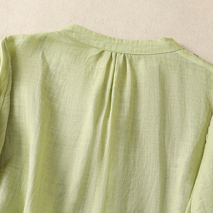 Camicia monopetto da donna in cotone e lino con maniche a tre quarti e ricamo Buddha Stones - image 4