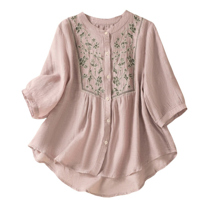 Camicia monopetto da donna in cotone e lino con maniche a tre quarti e ricamo Buddha Stones - image 17