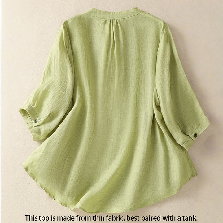 Camicia monopetto da donna in cotone e lino con maniche a tre quarti e ricamo Buddha Stones - image 1