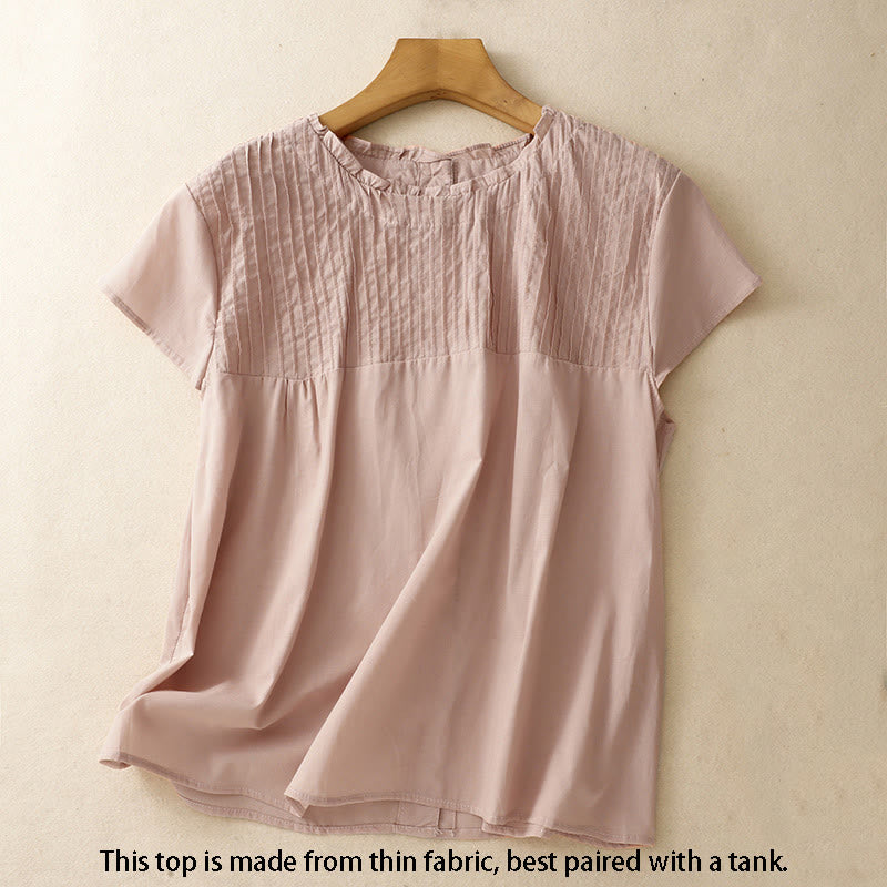 Camicia da donna a maniche corte con volant e pieghe, tinta unita, con motivo Buddha Stones, ideale per l'estate. - image 1