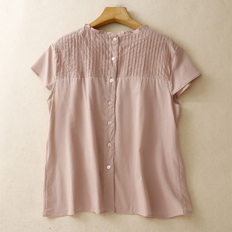 Buddha Stones Camicia da donna in cotone a maniche corte con volant e pieghe, colore puro estivo - Salmone Scuro - US12, UK/AU16, EU44 (2XL) - image 0