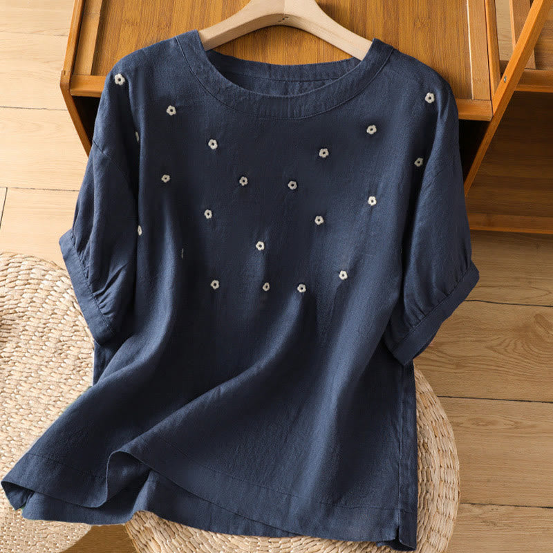Maglietta da donna a mezza manica con ricamo floreale Buddha Stones - Blu notte - US14, UK/AU18, EU46 (2XL) - image 0