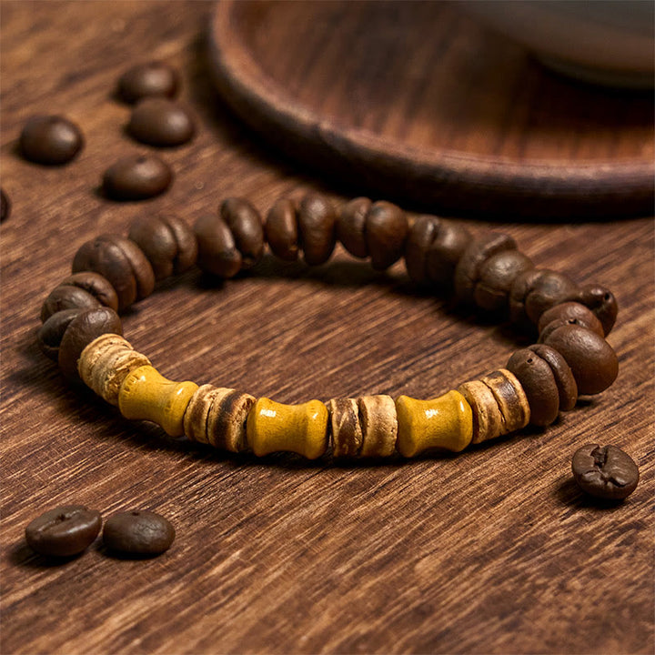 Braccialetto positivo in giada di bambù, gusci di cocco, chicchi di caffè naturali fatti a mano di Buddha Stones - Chicchi di caffè (circonferenza del polso 14-17 cm) - image 1