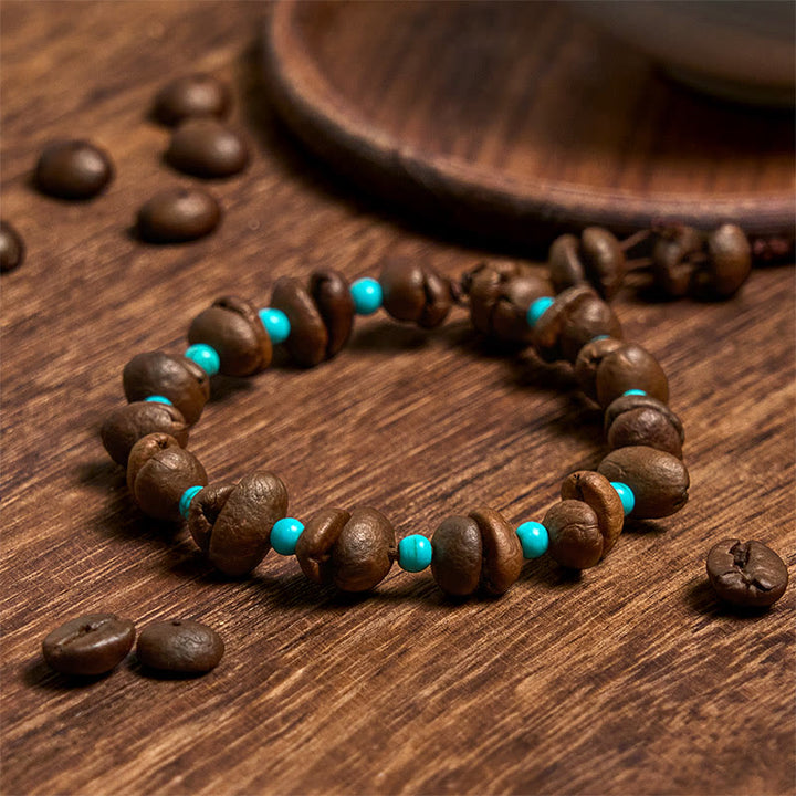 Bracciale con perline turchesi in chicchi di caffè naturali fatti a mano con Buddha Stones - Chicchi di caffè (circonferenza del polso 14-17 cm) - image 1