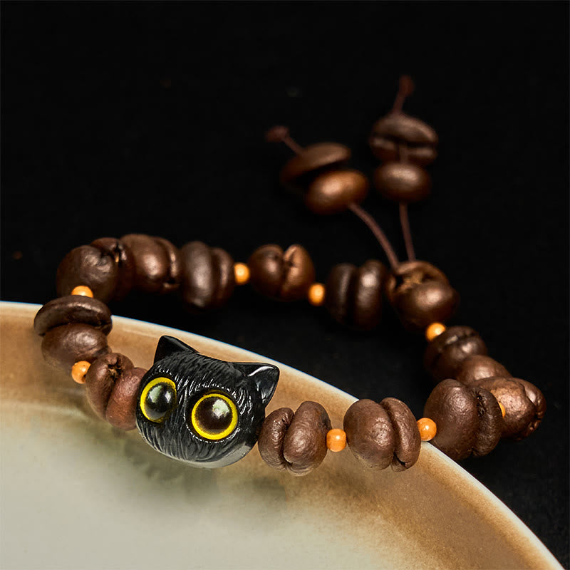 Braccialetto della pace con testa di gatto, semi di Bodhi, artigli e zampe, fatto a mano con chicchi di caffè naturali Buddha Stones - Testa di gatto nero (circonferenza del polso 14-17 cm) - image 1