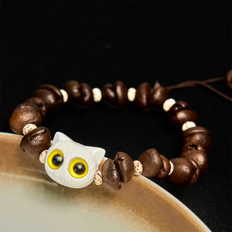 Braccialetto della pace con testa di gatto, semi di Bodhi, artigli e zampe, fatto a mano con chicchi di caffè naturali Buddha Stones - Testa di gatto bianco (circonferenza del polso 14-17 cm) - image 8
