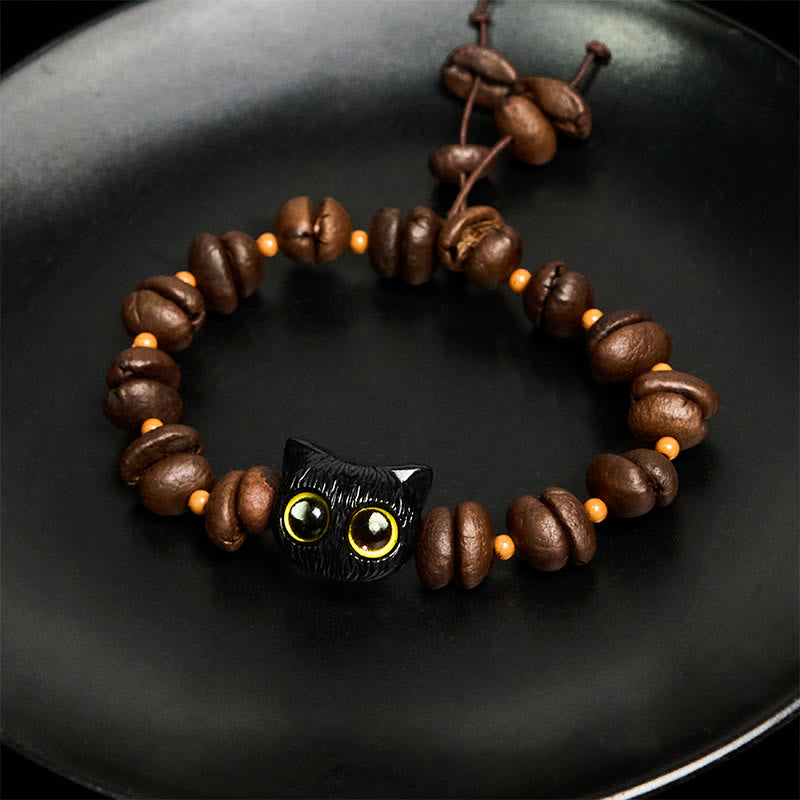Braccialetto della pace con testa di gatto, semi di Bodhi, artigli e zampe, fatto a mano con chicchi di caffè naturali Buddha Stones - image 6