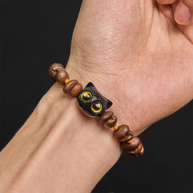 Braccialetto della pace con testa di gatto, semi di Bodhi, artigli e zampe, fatto a mano con chicchi di caffè naturali Buddha Stones - image 5