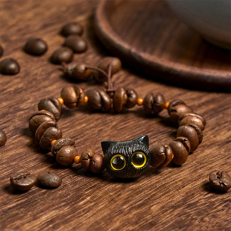 Braccialetto della pace con testa di gatto, semi di Bodhi, artigli e zampe, fatto a mano con chicchi di caffè naturali Buddha Stones - image 2