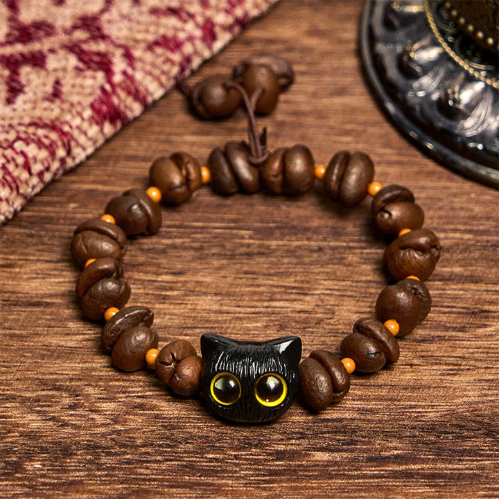 Braccialetto della pace con testa di gatto, semi di Bodhi, artigli e zampe, fatto a mano con chicchi di caffè naturali Buddha Stones - image 3