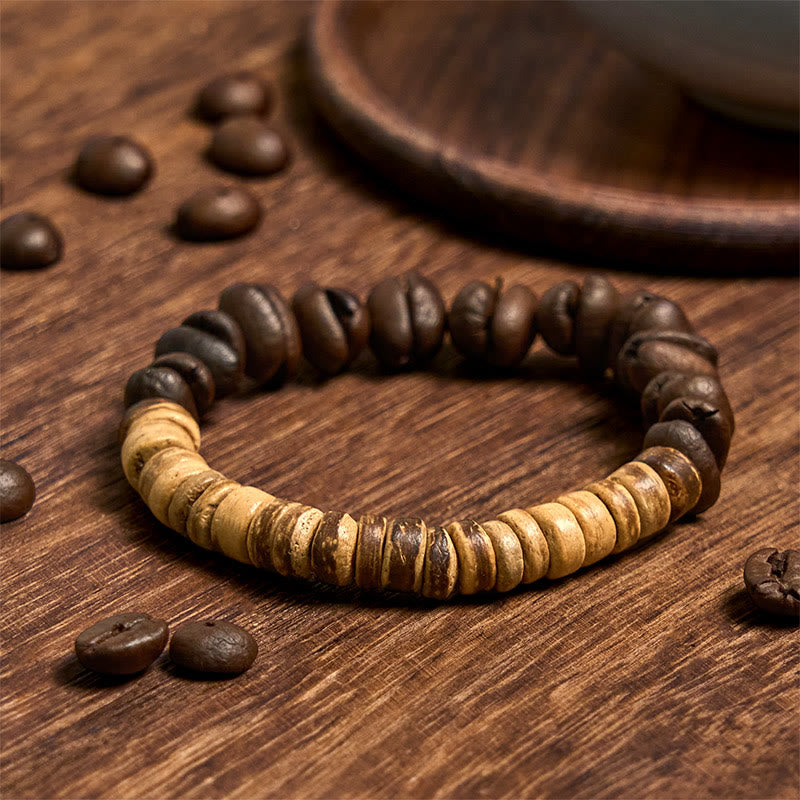 Bracciale della felicità in chicchi di caffè naturali fatti a mano con Buddha Stones e guscio di cocco - Chicchi di caffè e guscio di cocco (circonferenza del polso 14-17 cm) - image 1