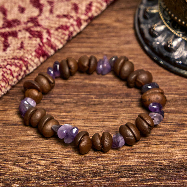Bracciale di cristallo irregolare fatto a mano con chicchi di caffè naturali, ametista, citrino e amazzonite, Buddha Stones - Chicchi di caffè ametista (circonferenza polso 14-17 cm) - image 1