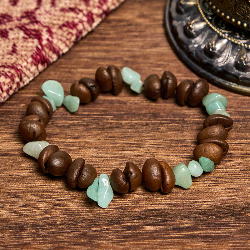 Bracciale di cristallo irregolare fatto a mano con chicchi di caffè naturali, ametista, citrino e amazzonite, Buddha Stones - Chicchi di caffè amazzonite (circonferenza polso 14-17 cm) - image 11