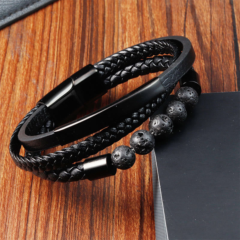 Buddha Stones Bracciale con fibbia rinforzata in pelle, titanio, acciaio e pietra lavica - image 2