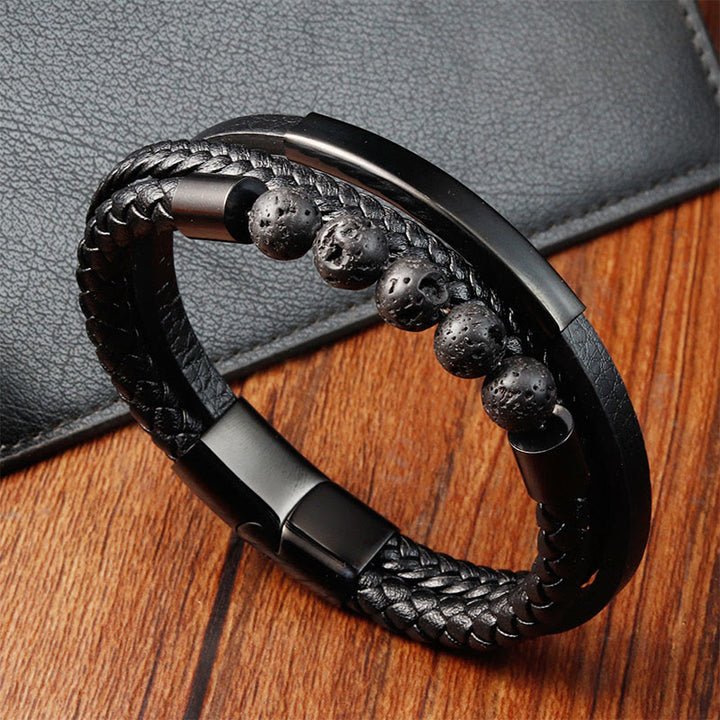 Buddha Stones Bracciale con fibbia rinforzata in pelle, titanio, acciaio e pietra lavica - Nero (perimetro: 21 cm) - image 0
