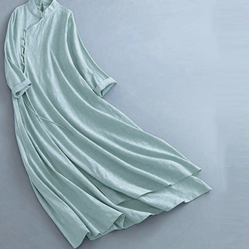 Abito midi in cotone e lino con lacci laterali, casual e semplice, con bottoni a rana, primaverile, Buddha Stones - image 13