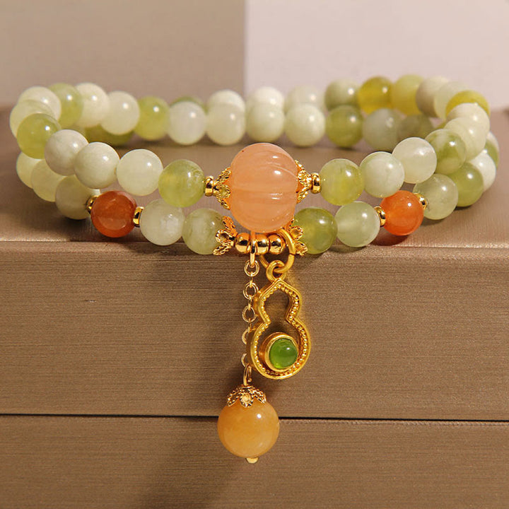 Buddha Stones Braccialetto portafortuna a doppio giro con zucca, uva verde e giada serpentina - Giada serpentina verde uva (circonferenza polso: 17 cm) - image 0