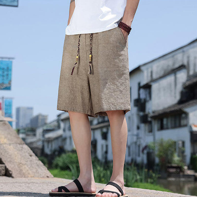 Buddha Stones Pantaloncini da uomo in lino con tasche, tagliati corti, intrecciati con perline in vita - Tan - US18, UK/AU22, EU50 (5XL) - image 0