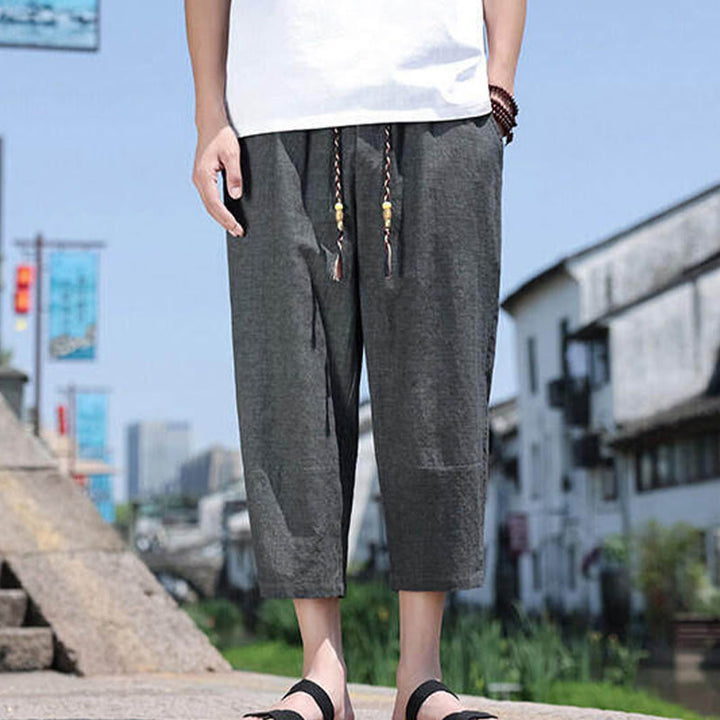 Pantaloni da uomo in spandex con tasche, lunghezza 7-8, con perline intrecciate e cordoncino in vita, stile casual, Buddha Stones - image 6