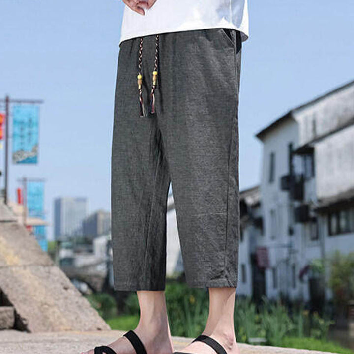 Pantaloni da uomo in spandex con tasche, lunghezza 7-8, con perline intrecciate e cordoncino in vita, stile casual, Buddha Stones - image 4