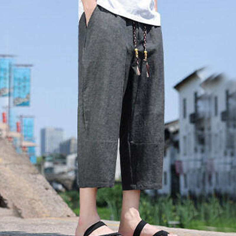 Pantaloni da uomo in spandex con tasche, lunghezza 7-8, con perline intrecciate e cordoncino in vita, stile casual, Buddha Stones - image 1