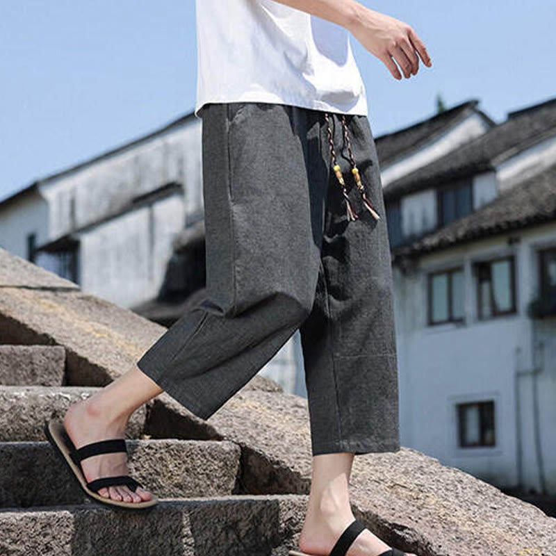 Pantaloni da uomo in spandex con tasche, lunghezza 7-8, con perline intrecciate e cordoncino in vita, stile casual, Buddha Stones - image 7