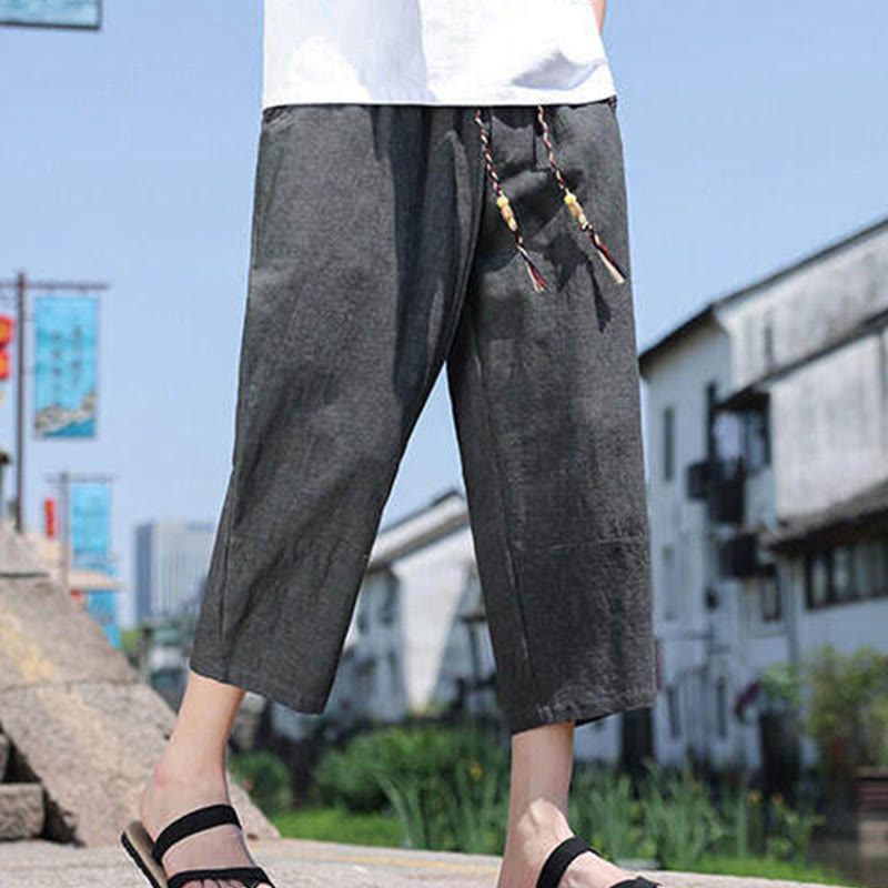 Pantaloni da uomo in spandex con tasche, lunghezza 7-8, con perline intrecciate e cordoncino in vita, stile casual, Buddha Stones - Grigio ardesia scuro - US/UK/AU46， EU56 (5XL) - image 1