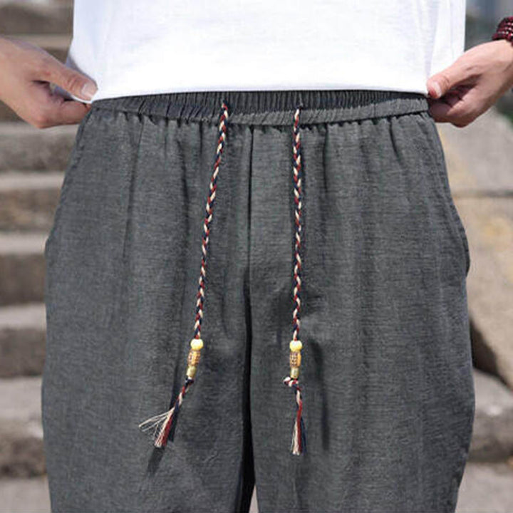 Pantaloni da uomo in spandex con tasche, lunghezza 7-8, con perline intrecciate e cordoncino in vita, stile casual, Buddha Stones - image 9