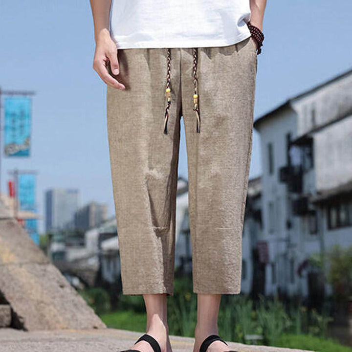 Pantaloni da uomo in spandex con tasche, lunghezza 7-8, con perline intrecciate e cordoncino in vita, stile casual, Buddha Stones - Abbronzatura - US/UK/AU46， EU56 (5XL) - image 12