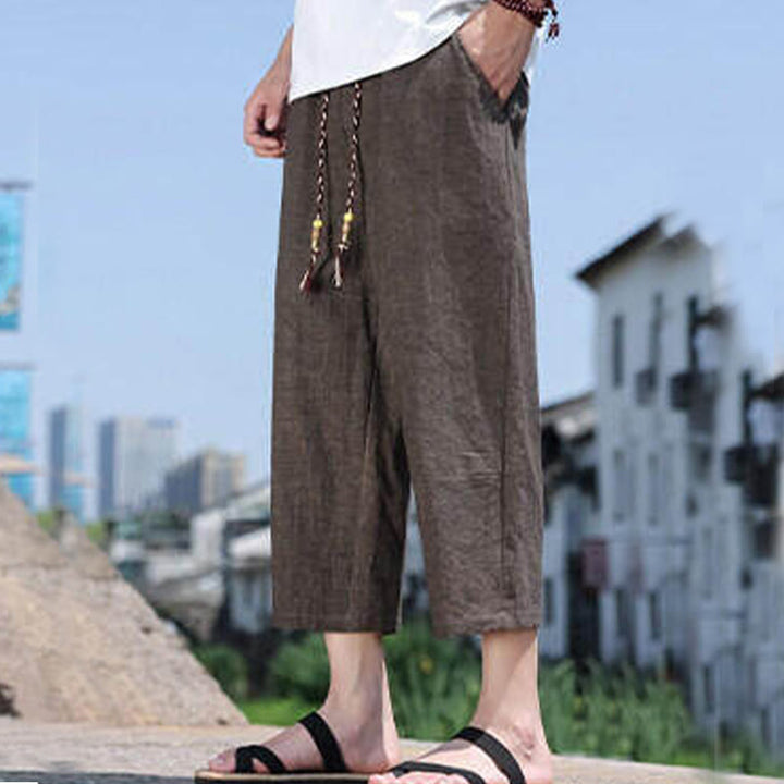 Pantaloni da uomo in spandex con tasche, lunghezza 7-8, con perline intrecciate e cordoncino in vita, stile casual, Buddha Stones - SaddleBrown - US/UK/AU46， EU56 (5XL) - image 19