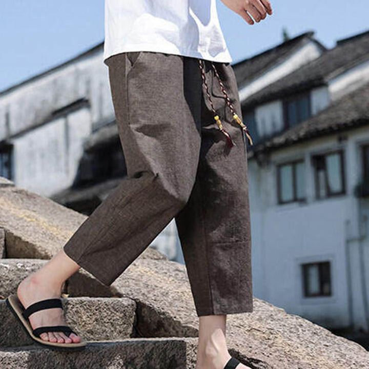 Pantaloni da uomo in spandex con tasche, lunghezza 7-8, con perline intrecciate e cordoncino in vita, stile casual, Buddha Stones - image 23