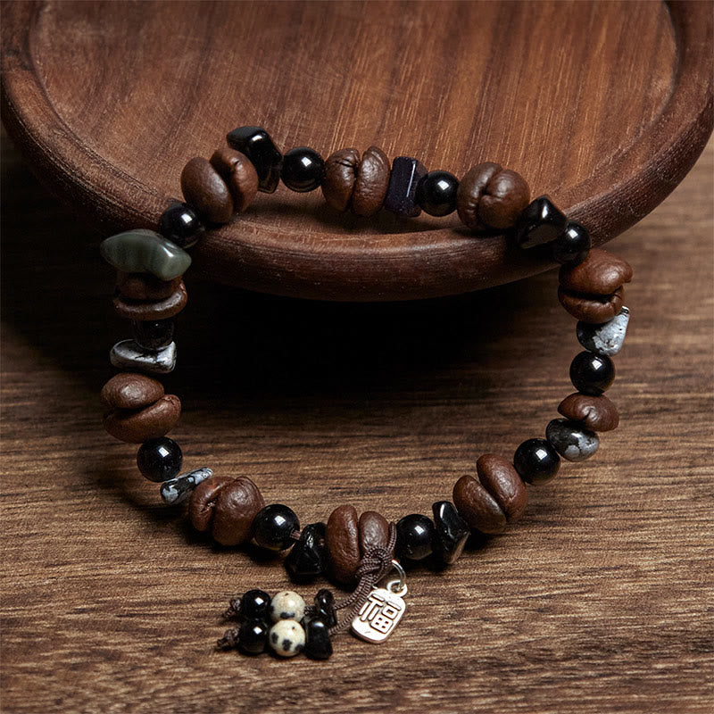 Braccialetto di protezione del carattere Fu con chicchi di caffè naturali e occhio di tigre Buddha Stones - image 2