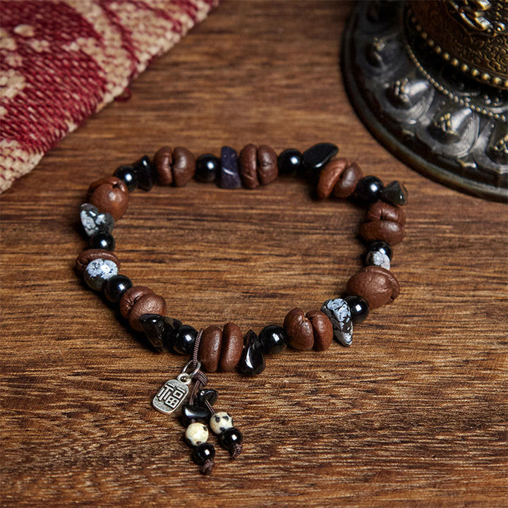 Braccialetto di protezione del carattere Fu con chicchi di caffè naturali e occhio di tigre Buddha Stones - Chicco di caffè (circonferenza del polso: 15-18 cm) - image 1