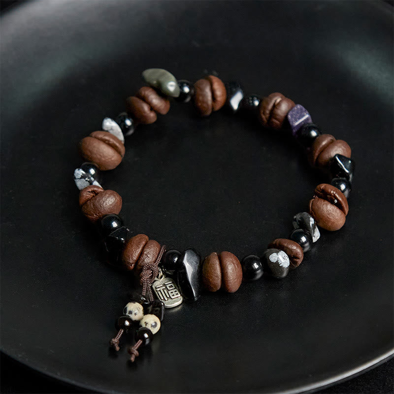 Braccialetto di protezione del carattere Fu con chicchi di caffè naturali e occhio di tigre Buddha Stones - image 4
