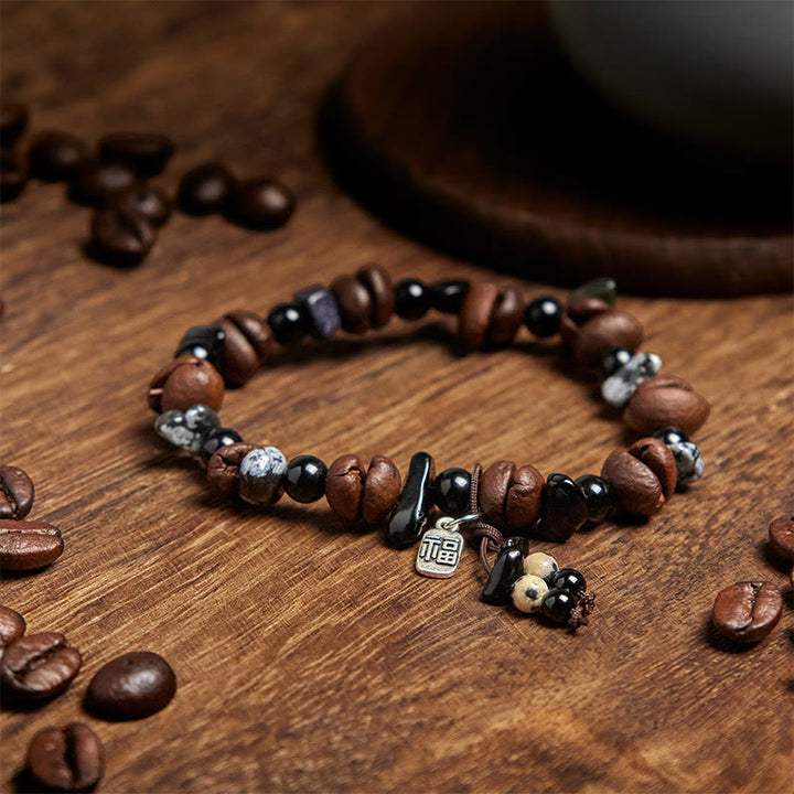 Braccialetto di protezione del carattere Fu con chicchi di caffè naturali e occhio di tigre Buddha Stones - image 3