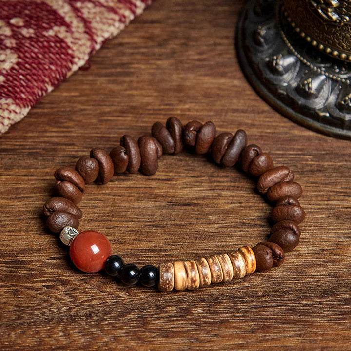 Bracciale con Buddha Stones di agata rossa, chicchi di caffè naturali e guscio di cocco - image 2