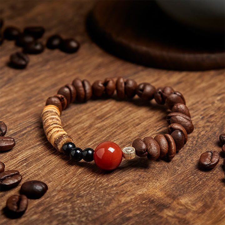 Bracciale con Buddha Stones di agata rossa, chicchi di caffè naturali e guscio di cocco - Chicco di caffè (circonferenza del polso: 16 cm) - image 1