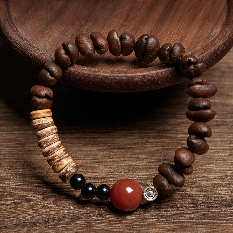 Bracciale con Buddha Stones di agata rossa, chicchi di caffè naturali e guscio di cocco - image 3