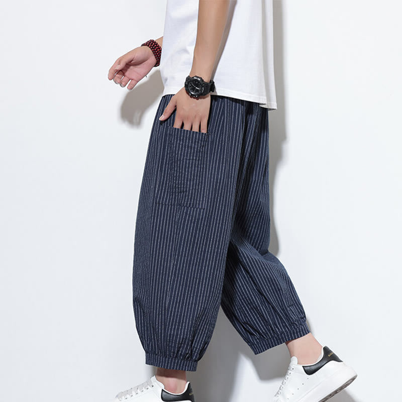Buddha Stones in cotone a righe casual Buddha Stones, lunghezza 7-8, con tasche - Blu scuro - US/UK/AU46， EU56 (5XL) - image 38