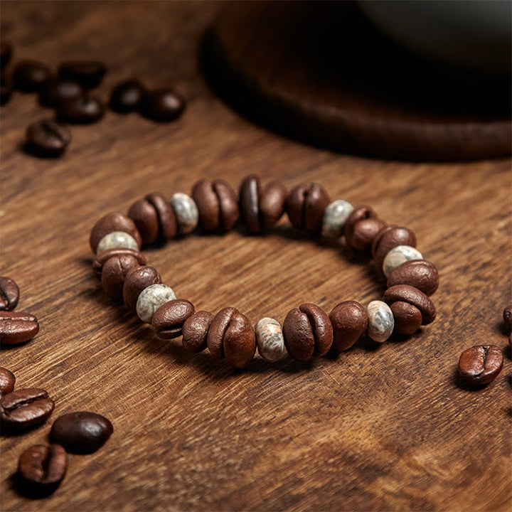 Bracciale con perle di pietra lavica, occhio di tigre, chicchi di caffè naturali e diaspro grigio Buddha Stones - image 8