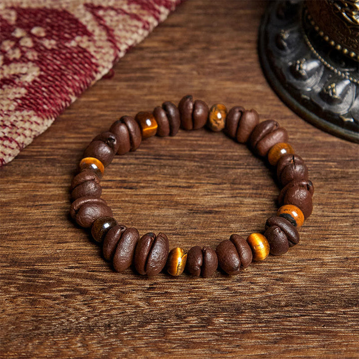 Bracciale con perle di pietra lavica, occhio di tigre, chicchi di caffè naturali e diaspro grigio Buddha Stones - Chicco di caffè e occhio di tigre (circonferenza del polso: 16 cm) - image 1