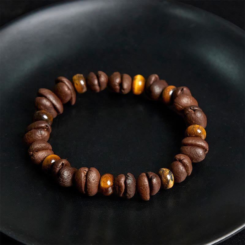 Bracciale con perle di pietra lavica, occhio di tigre, chicchi di caffè naturali e diaspro grigio Buddha Stones - image 4