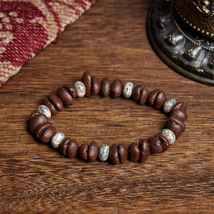 Bracciale con perle di pietra lavica, occhio di tigre, chicchi di caffè naturali e diaspro grigio Buddha Stones - Chicco di caffè e diaspro grigio (circonferenza polso: 16 cm) - image 6